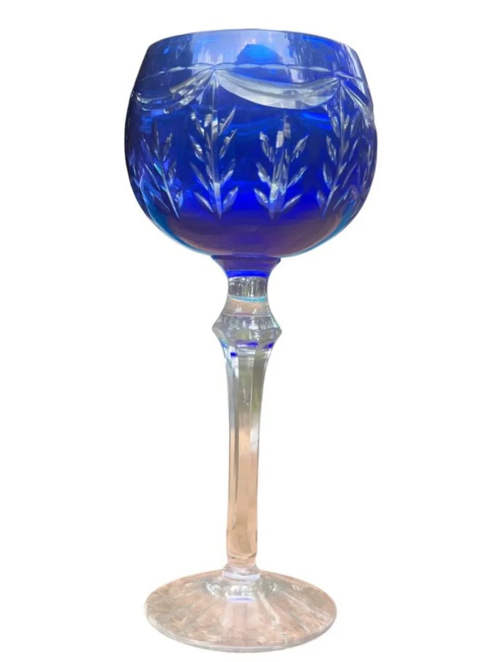 Cobalt Blue Crystal Wine Goblet With Intricate Cut Glass Design & Clear Stem